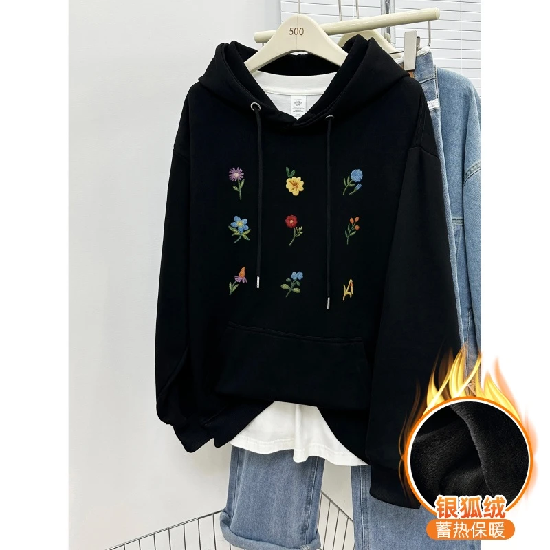 韩版花卉印花连帽卫衣女秋冬季时尚大码胖mm慵懒风加绒加厚上衣潮