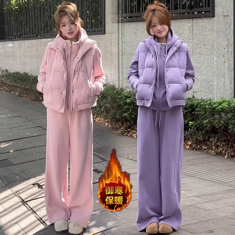 时尚休闲套装女2025冬季新款洋气棉马甲加绒连帽卫衣阔腿裤三件套