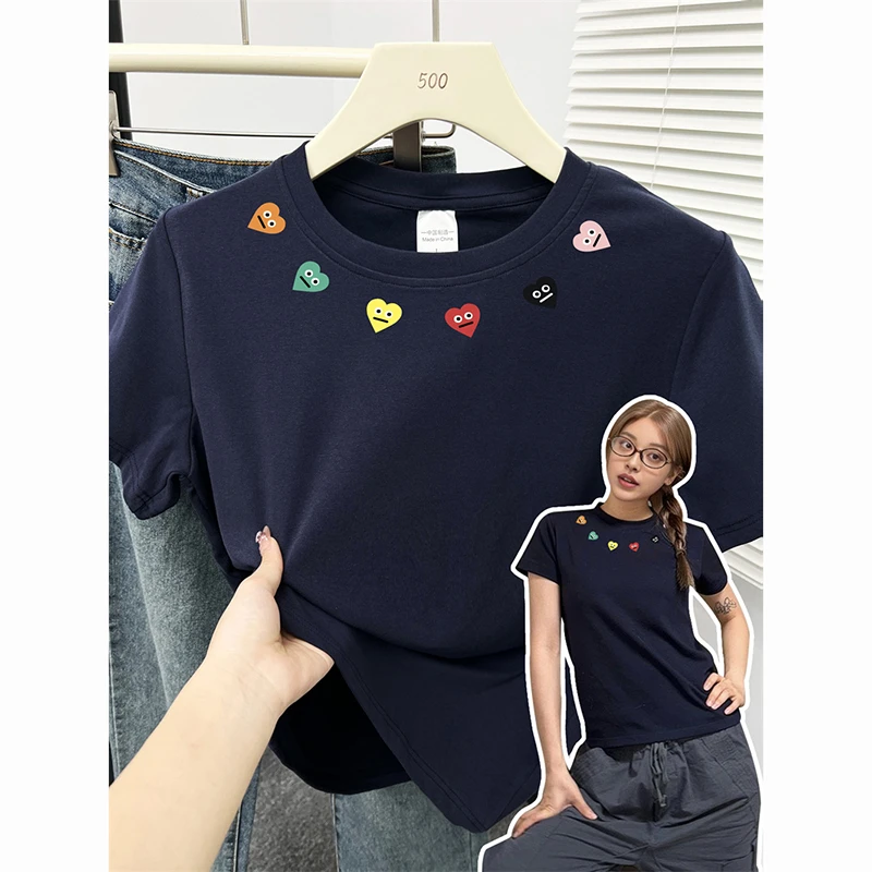 爱心搞怪趣味正肩t恤短袖女生圆领高弹力夏季复古修身款上衣显瘦