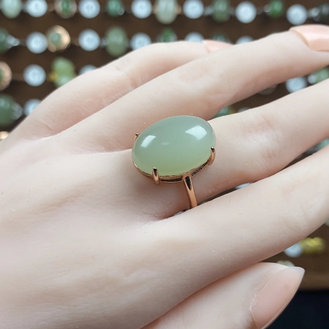 和田玉（青白玉）戒指银S925镀金镶嵌