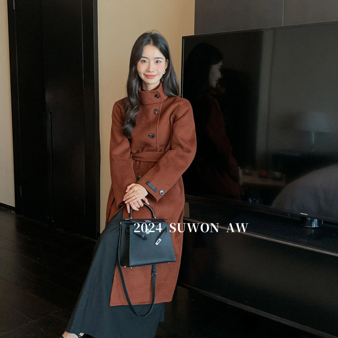 冬季新款设计感立领围巾单排扣大衣复古休闲气质毛呢双面呢外套