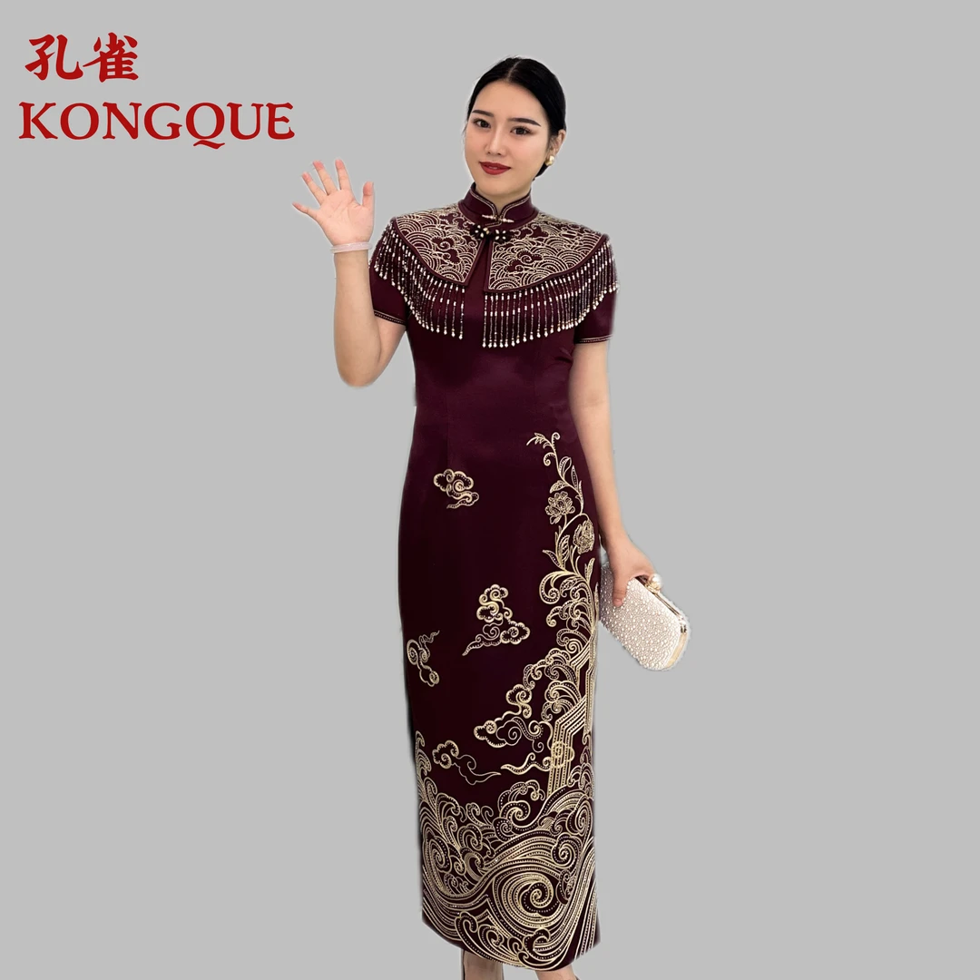 2025年新款喜妈妈优雅刺绣流苏套装醋酸旗袍