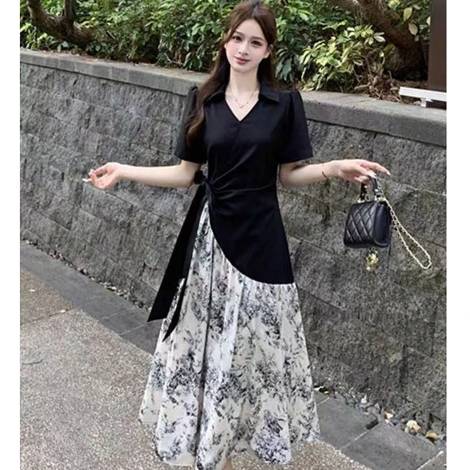 新中式不规则碎花短袖连衣裙微胖mm高级感国风气质优雅a字裙1772