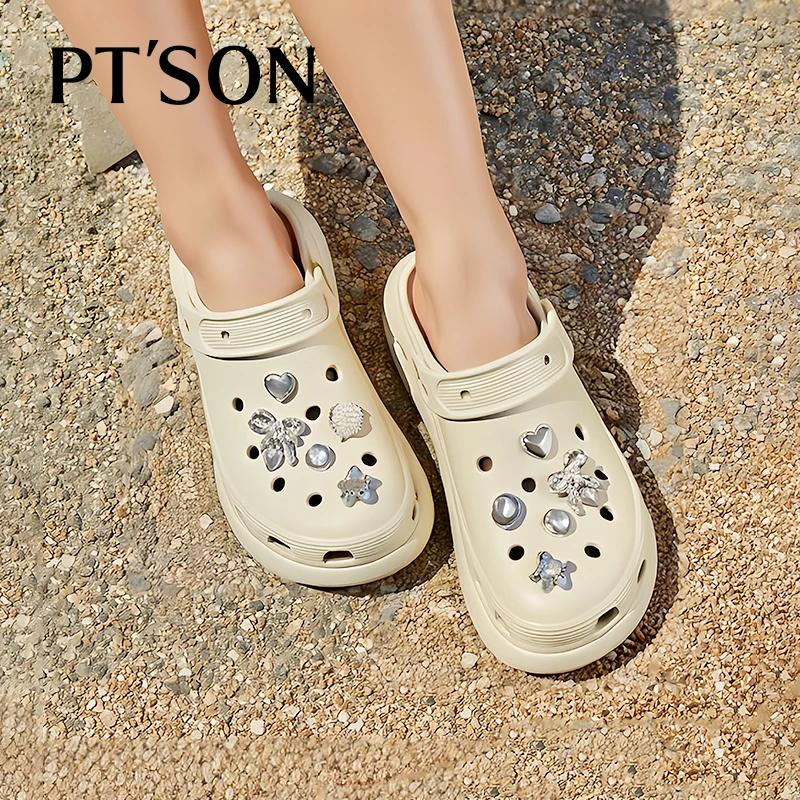 百田森云朵洞洞鞋女款2025新款增高厚底凉鞋包头一脚蹬沙滩凉鞋