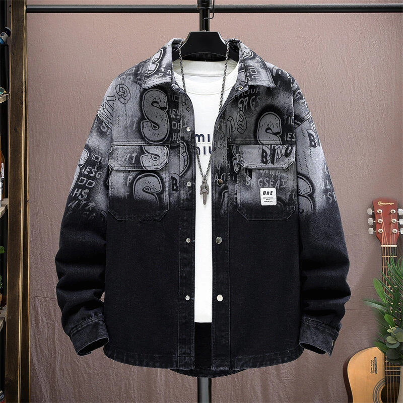 渐变色牛仔外套男春秋新款百搭潮牌衬衫领夹克工装休闲上衣男8253