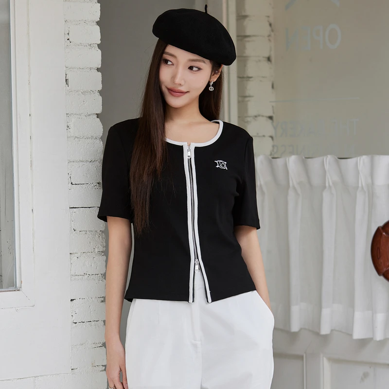 风笛2025夏季新款圆领拉链撞色T恤收腰显瘦短款设计感小个子上衣