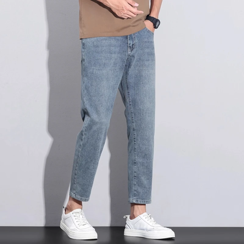 休闲牛仔裤男士2025夏季薄款复古蓝高级感修身显瘦百搭小脚九分裤