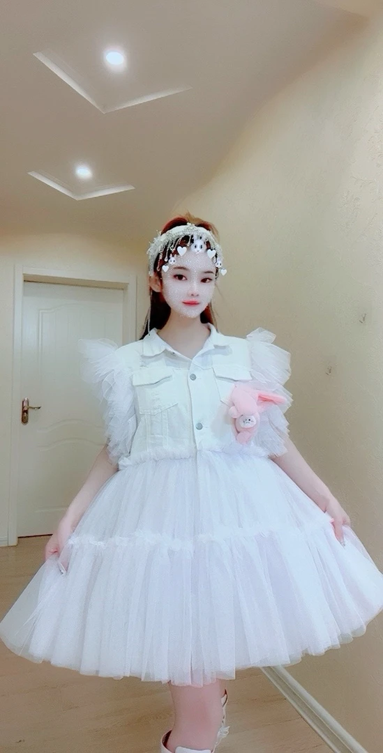 【面条家】牛仔粉兔纸外套蓬蓬连衣裙