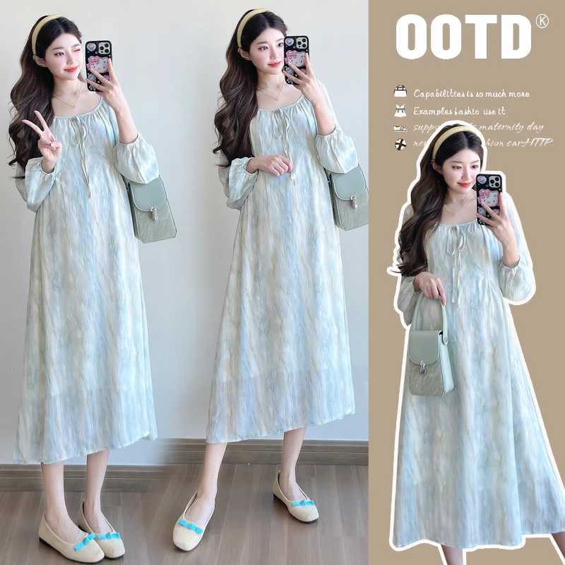 2025孕妇装春季新款时尚气质韩版宽松显瘦长袖中长款孕妇连衣裙