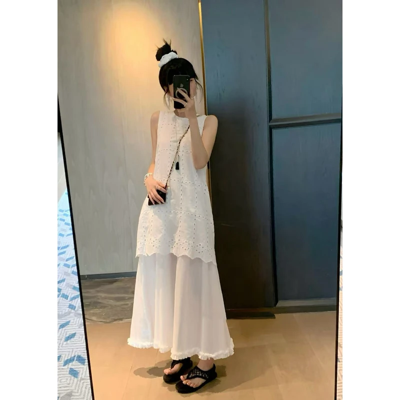 【NO退NO换】韩系刺绣镂空假两件拼接背心连衣裙6906  裙长120