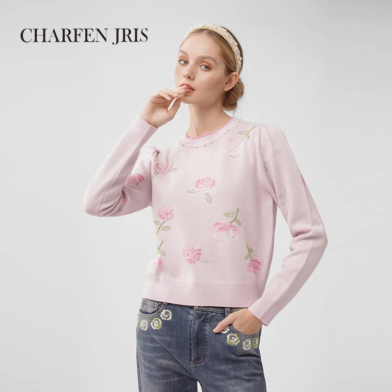 【媛媛专享】朝峰冬季新款浪漫套头玫瑰提花毛织上衣FJE5E677-6097C