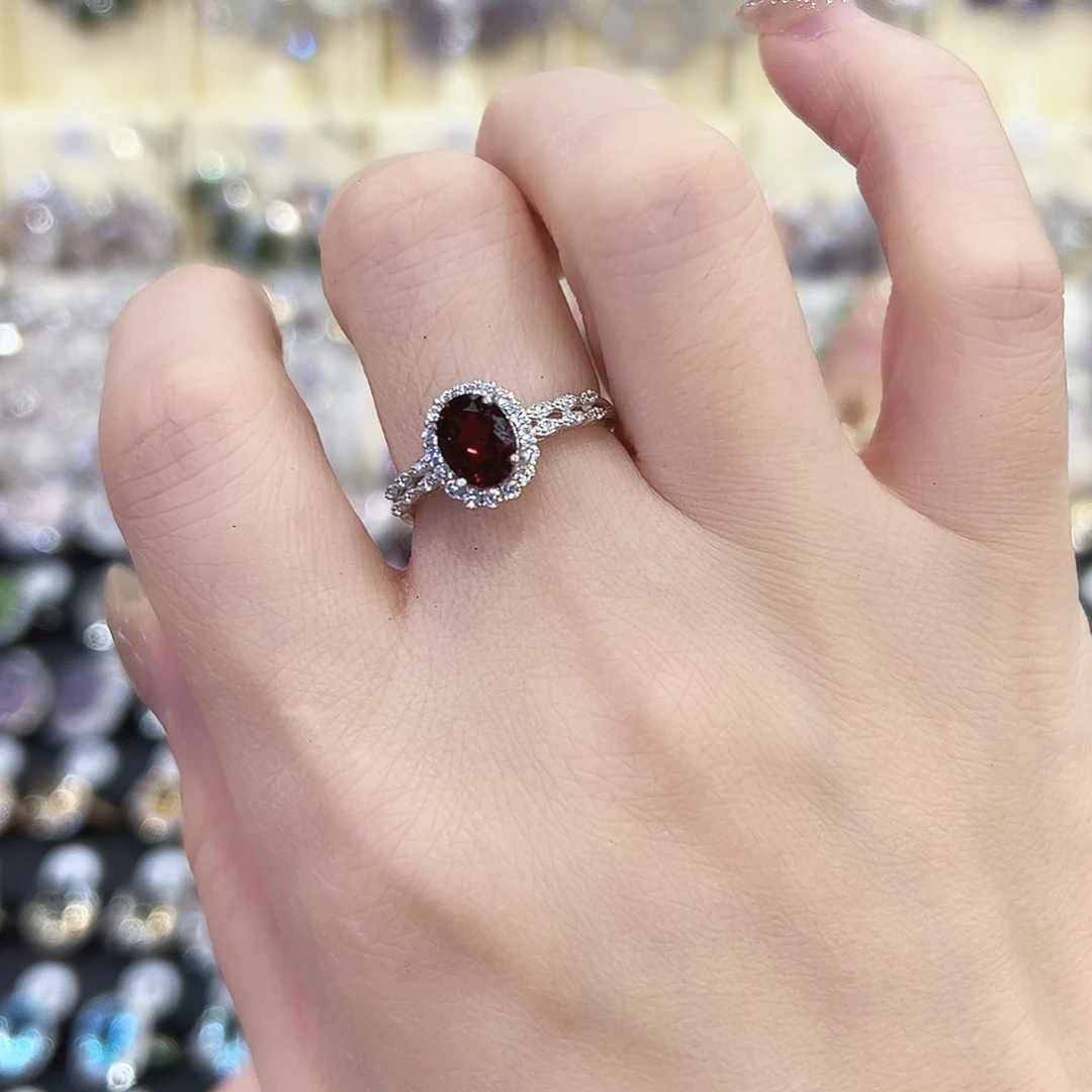 戒指石榴石银S925镶嵌