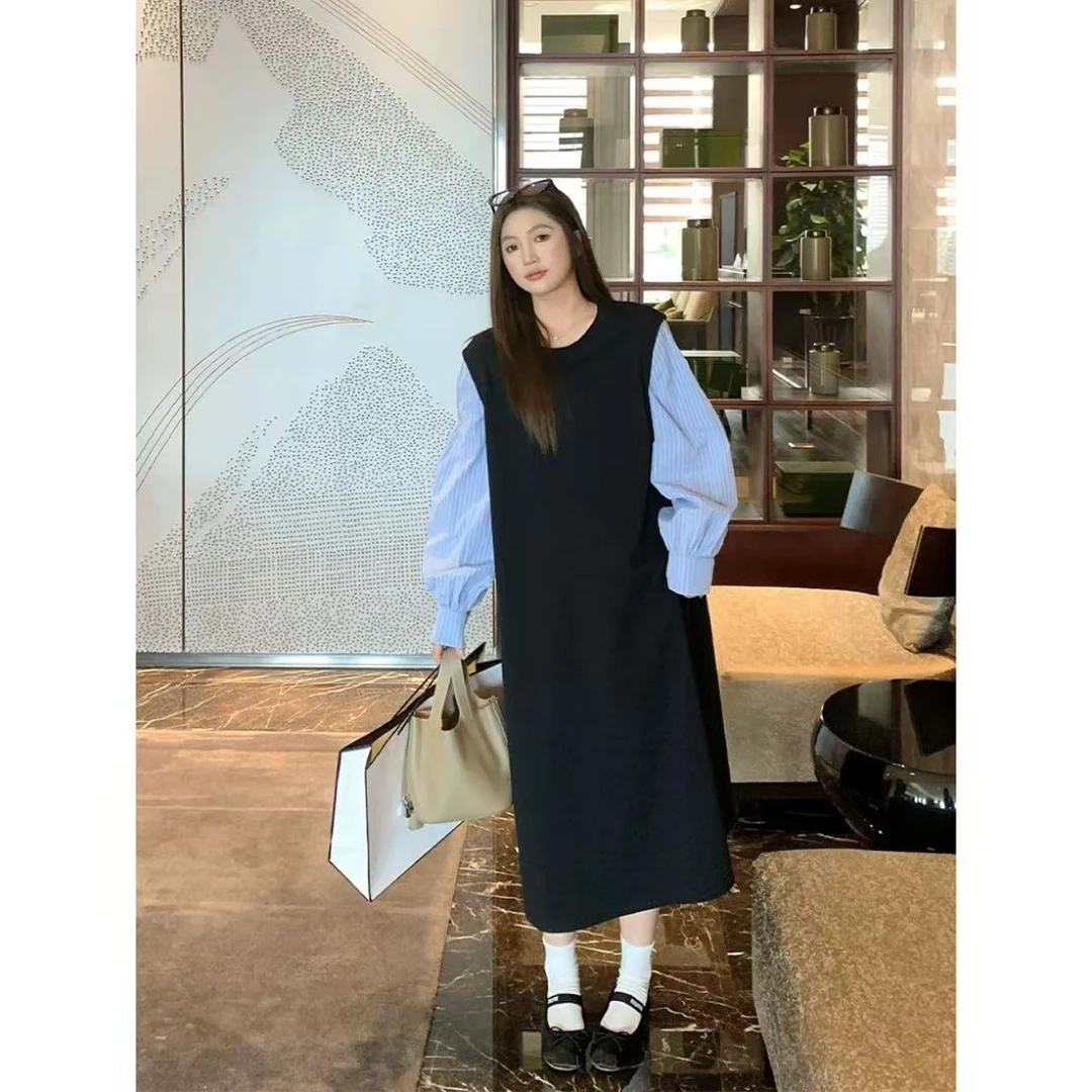 【现货秒发-NAZ微胖大码定制】条纹拼接假两件连衣裙