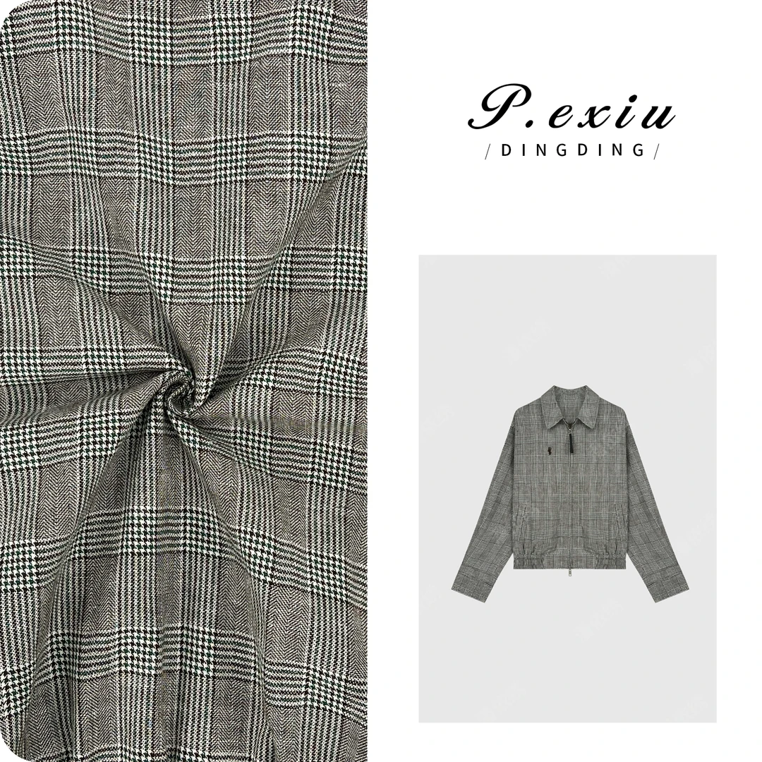 亚麻复古拼色细格纹飞行服夹克外套 W-62722