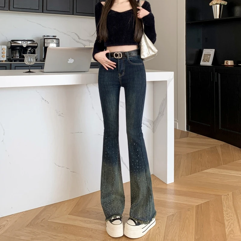 2025夏季新款复古弹力微喇裤牛仔裤女款时尚渐变高腰显瘦喇叭裤