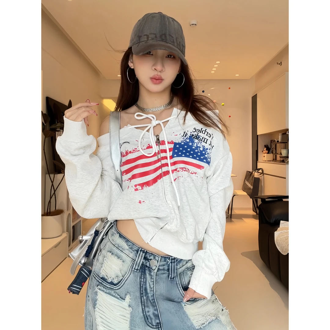 美式复古辣妹一字肩卫衣女秋季拉链开衫外套短款长袖百搭斜肩上衣