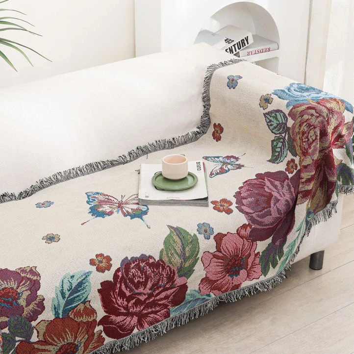 【蝶戏牡丹】新款加厚高端流苏多功能沙发巾通用四季通用