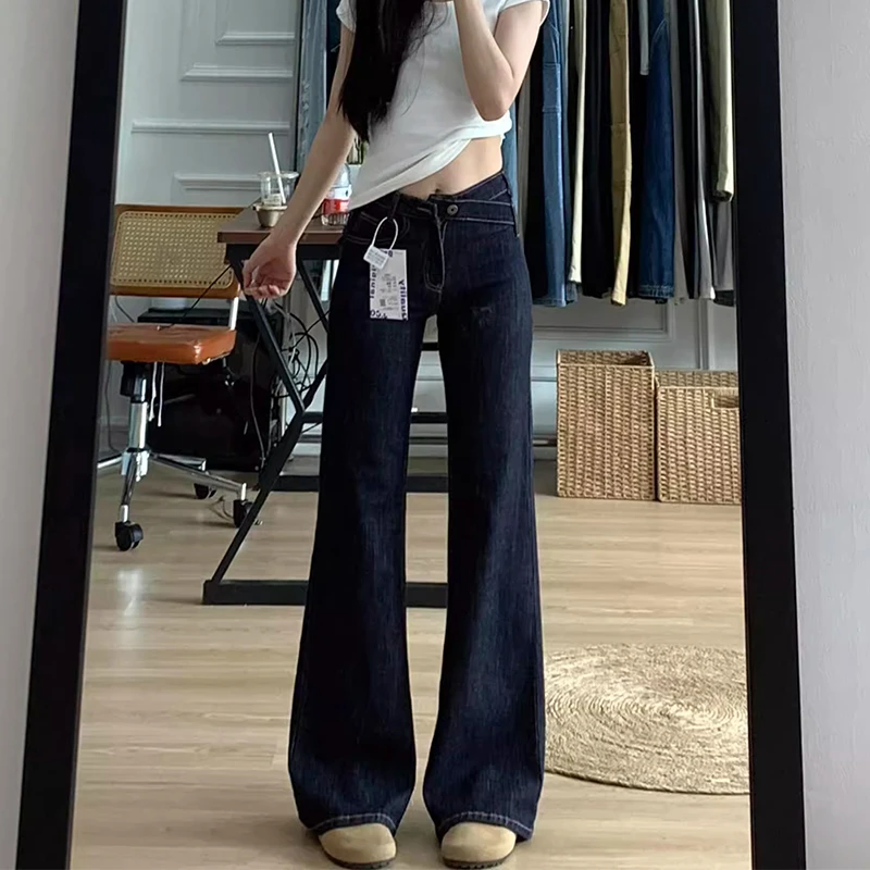 美式复古微喇牛仔裤女秋季新款高腰宽松直筒阔腿拖地喇叭长裤子潮