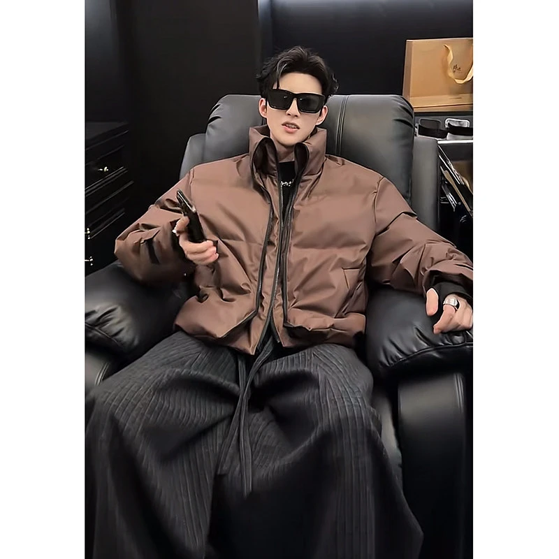 咖色美式立领假两件外套棉服男款冬季加厚保暖面包服拉链棉衣