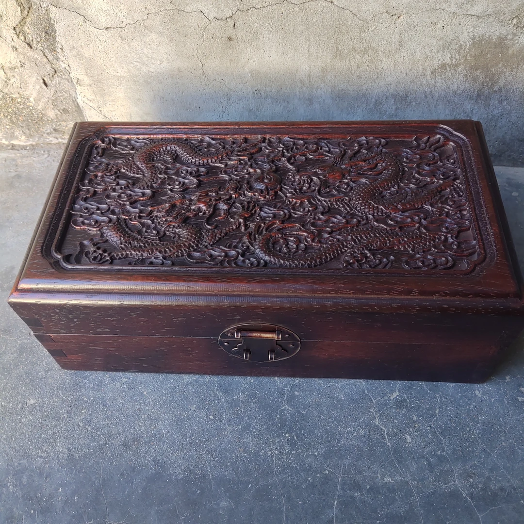 老檀木双龙戏珠雕刻首饰盒收纳盒饰品盒28✖️15✖️10厘米