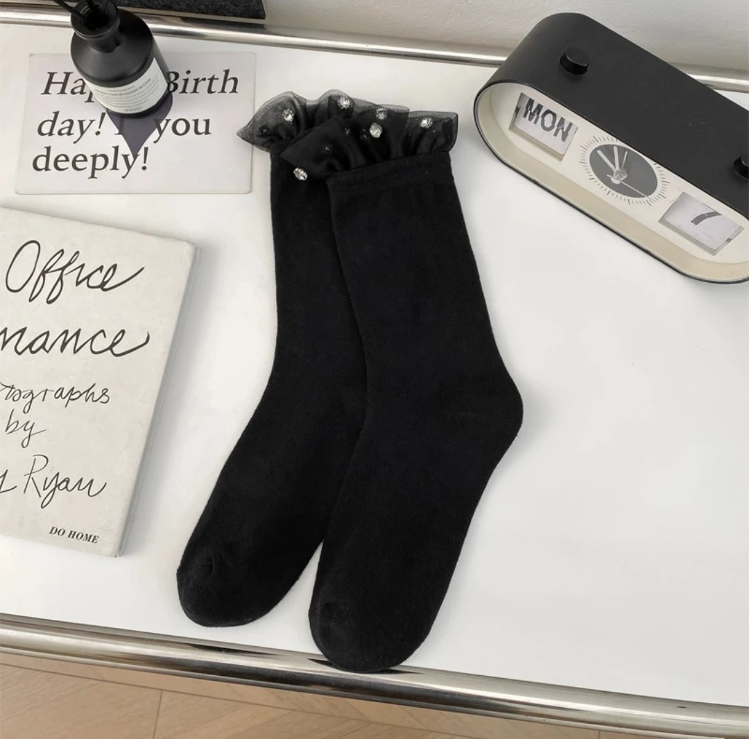 日系甜美蕾丝花边中筒袜蝴蝶结设计透气舒适夏季薄款