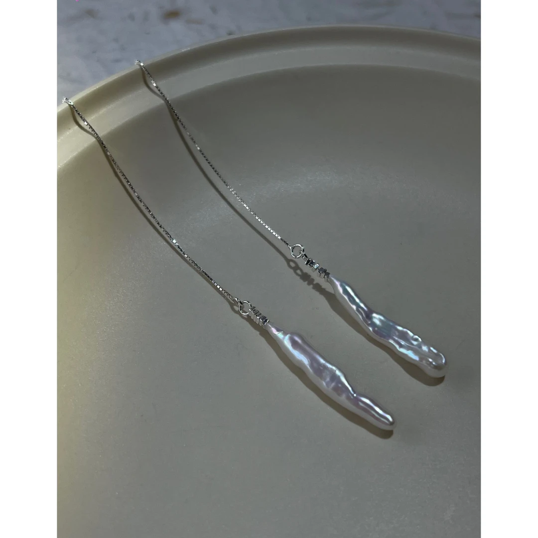 JUNMU巨闪！925银无核小银条珍珠耳线显瘦流苏耳坠设计感百搭耳环