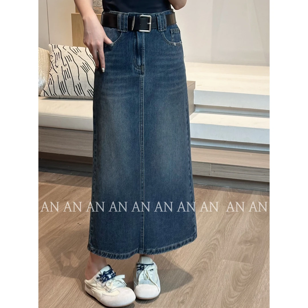 C08300复古港风高级感显瘦简约遮胯后开叉牛仔半身裙