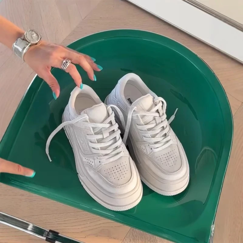 诗歌兰真皮女2025春新款时尚厚底百搭舒适系带运动休闲板鞋小白鞋