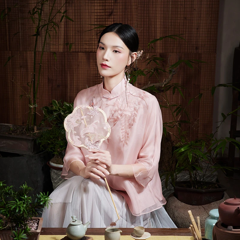 陌遇丨清梦丨夏季100%真丝刺绣茶服新中式优雅唐装上衣M236128-A