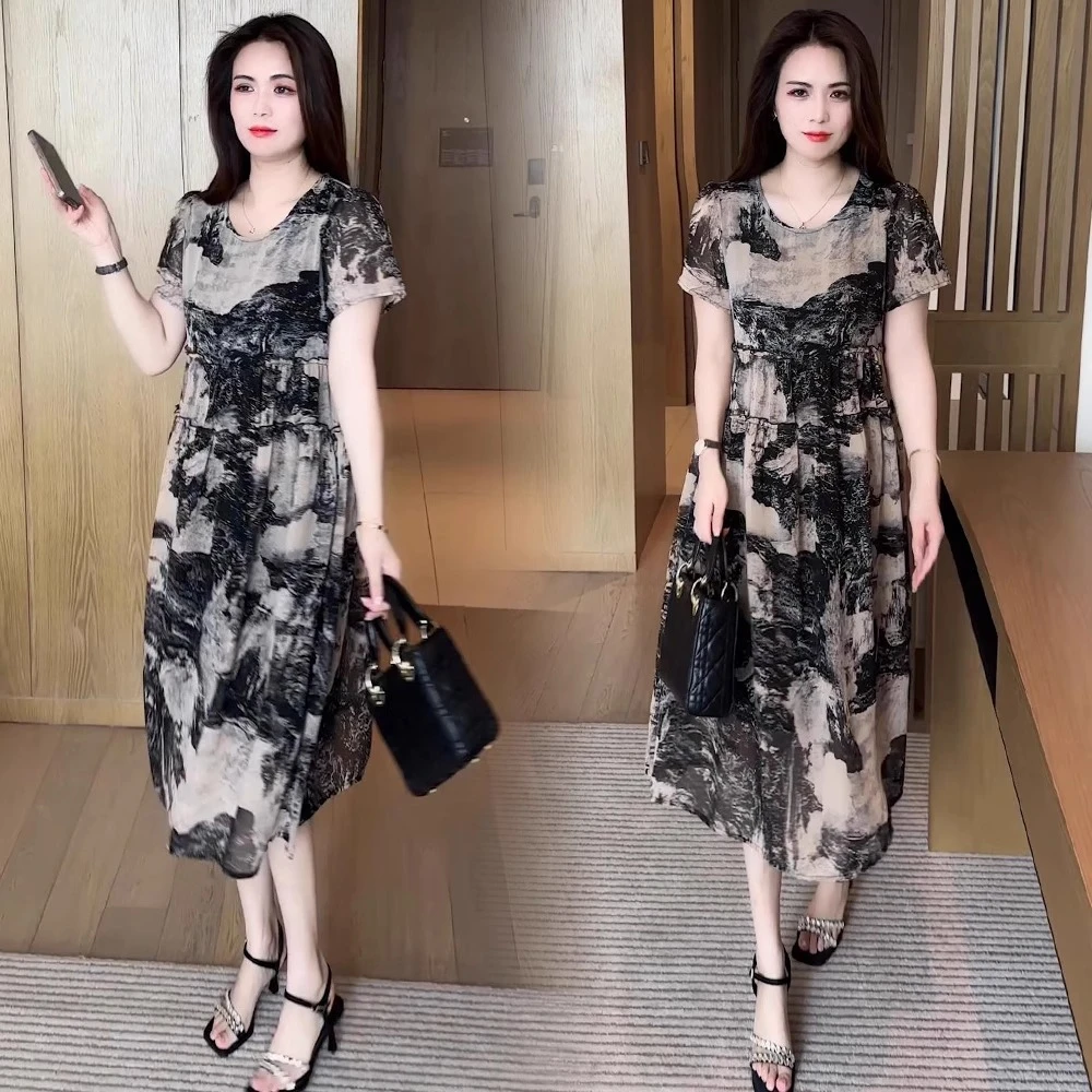 时尚印花连衣裙女2025夏季新款大码洋气宽松显瘦短袖印花中长裙子