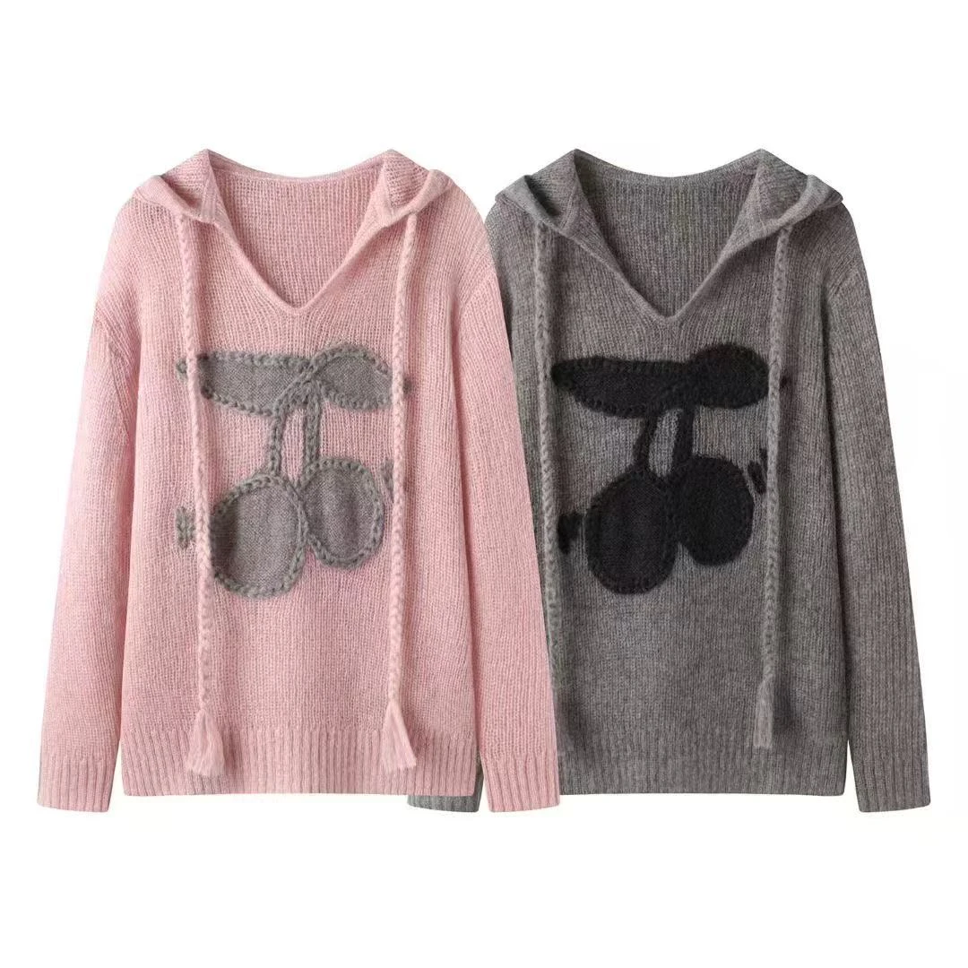 DM008-2025秋季新款时尚百搭连帽提花针织衫毛衣女