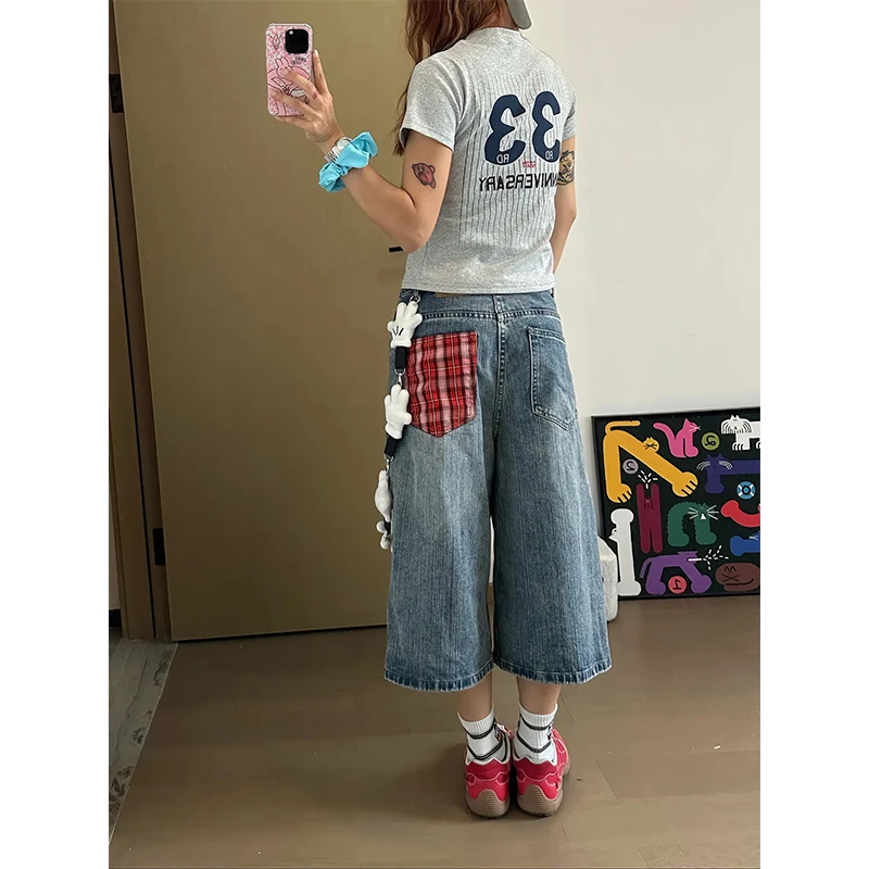 微胖mm设计感格子拼接七分牛仔裤女夏季新款显瘦休闲百搭阔腿短裤