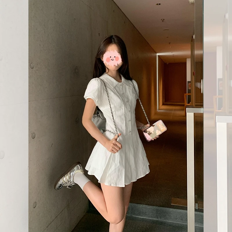 学院风白色泡泡袖衬衫连衣裙女夏季气质收腰小个子甜美短裙-1
