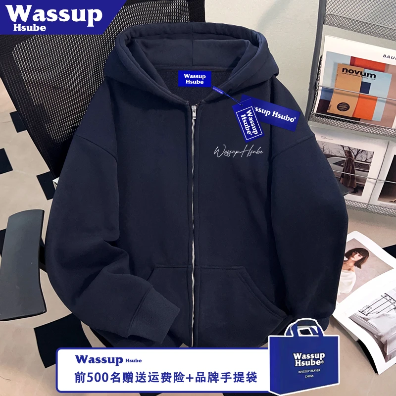 WASSUP HSUBE秋冬藏青拉链连帽外套手写英文印花卫衣男女加绒开衫