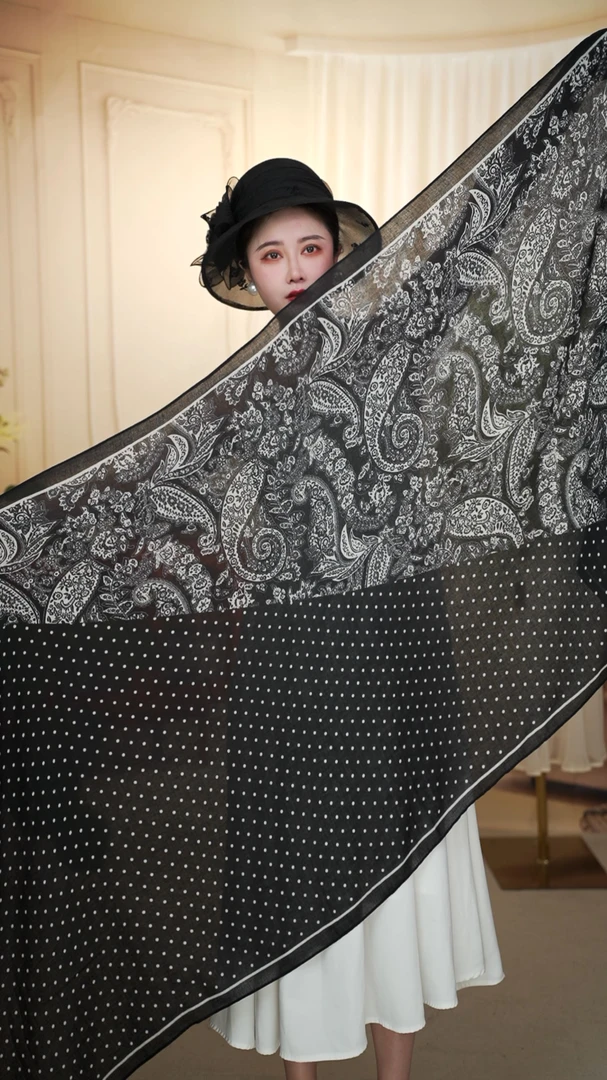 1-884 波点腰果花  棉麻90x180左右丝巾长巾