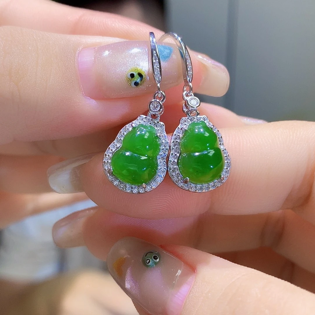 和田玉（碧玉）银S925镀金镶嵌耳饰