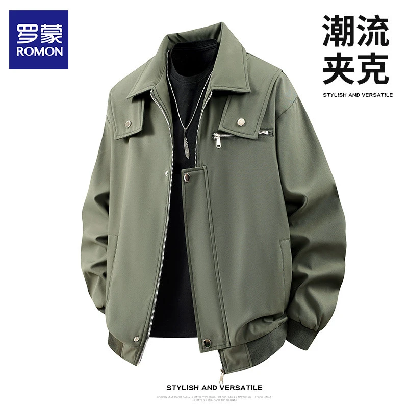 Romon/罗蒙美式高级感外套男2025秋季潮牌新款百搭翻领夹克男款