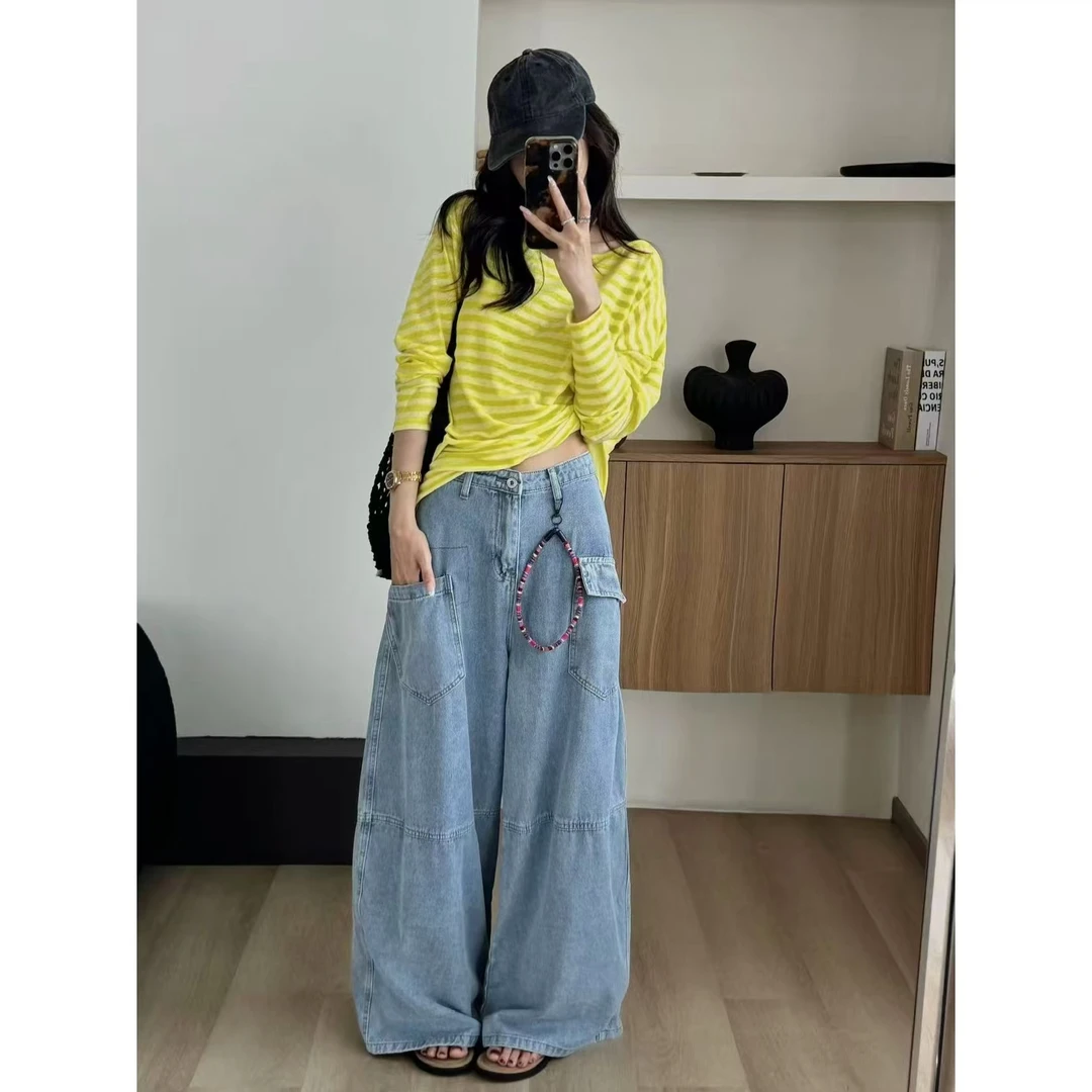 SP 小众设计简约分割线牛仔裤女超酷显瘦多口袋轻工装裤 配挂饰