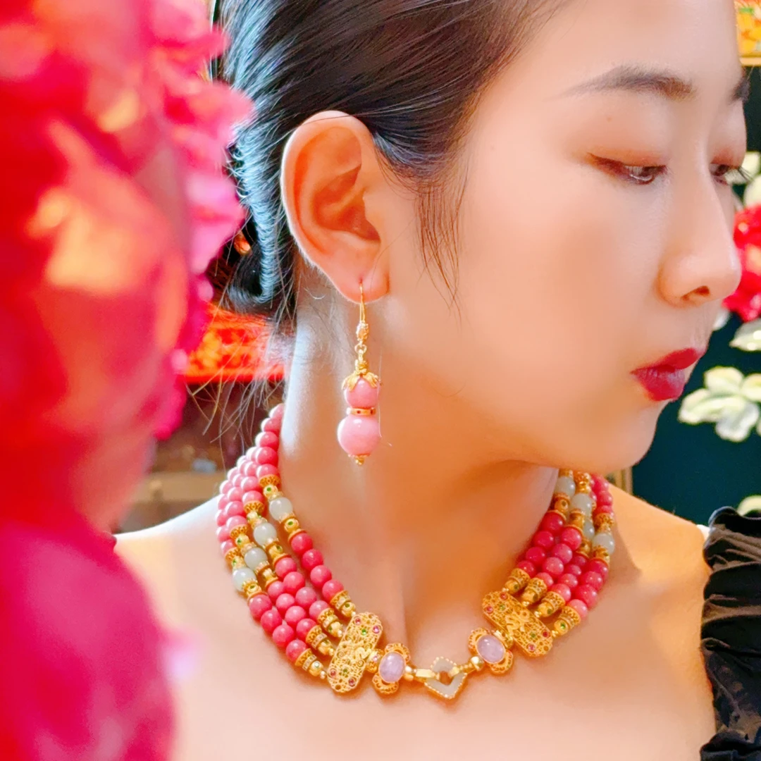 原创设计宫廷红纹石仙气粉葫芦时尚简约耳环/耳饰【天玺珠宝】