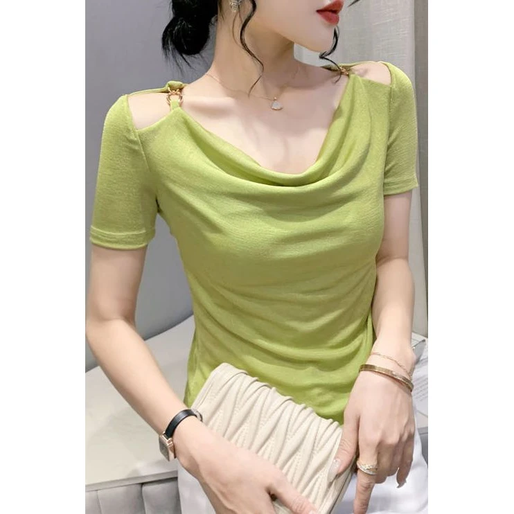 夏季新款时尚堆堆领修身百搭打底衫露肩链饰短袖T恤女ins潮