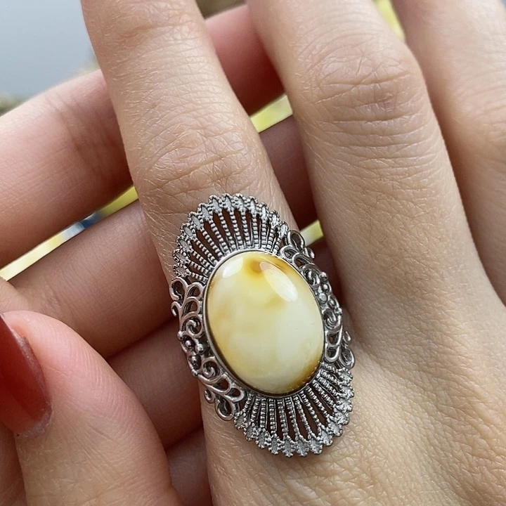 琥珀戒指银S925镶嵌戒指