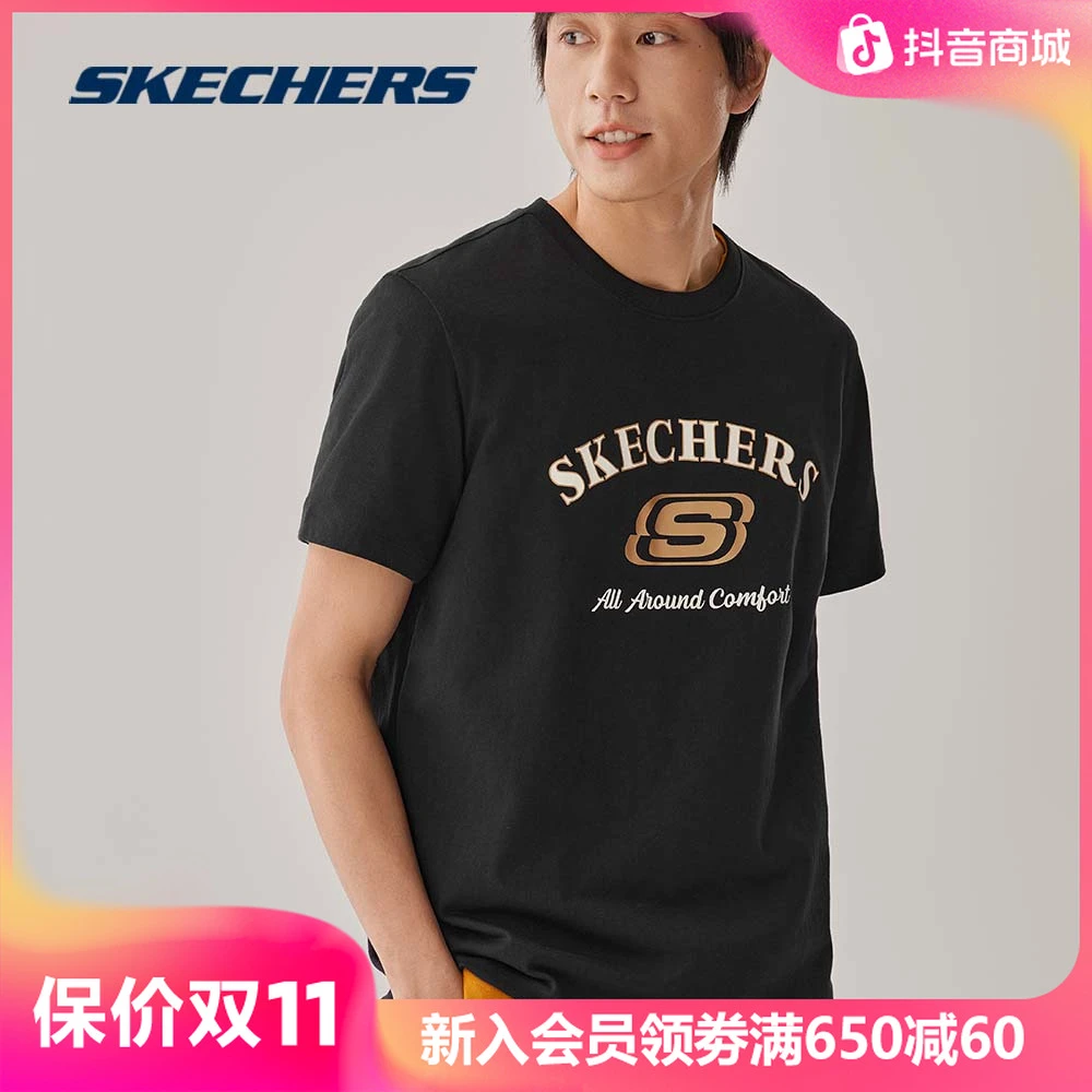 斯凯奇情侣男女同款简约休闲T恤圆领运动百搭短袖衫夏季印花内搭