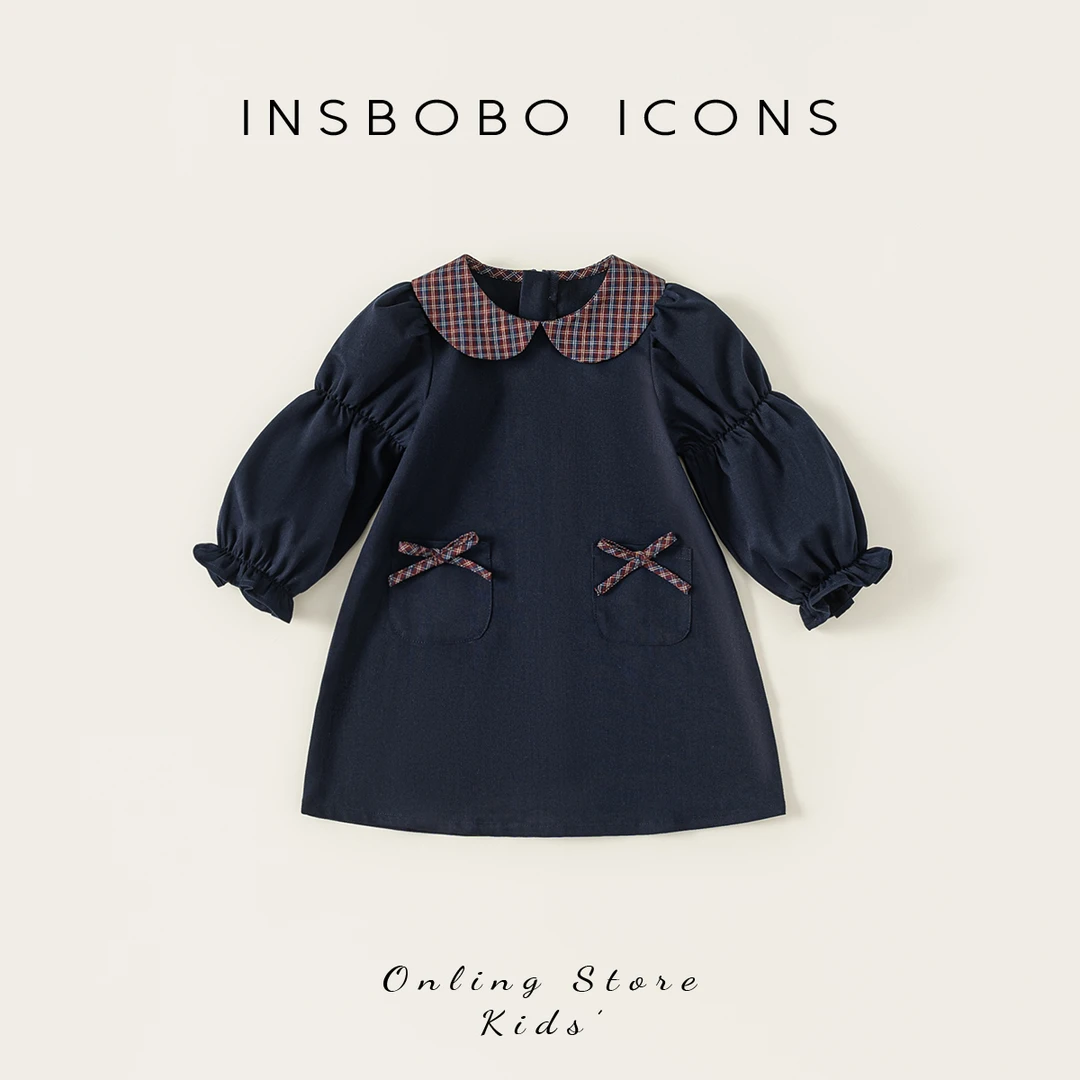 QQ25048【秋】儿童裙子（格子娃娃领蝴蝶结装饰泡泡袖连衣裙）