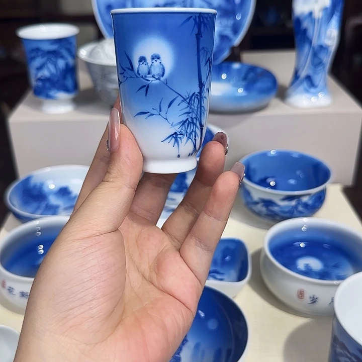 青花夜景花鸟杯杯