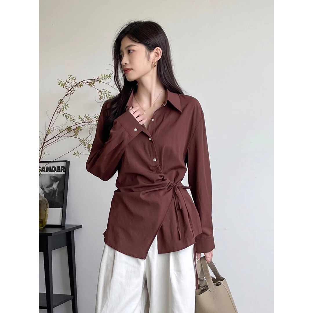 女士衬衫秋季2025新款不规则交叉设计感收腰POLO领衬衣高级感上衣