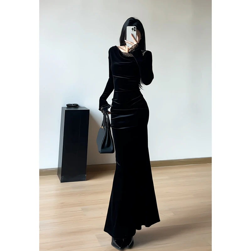 御姐风蕾丝拼接丝绒褶皱连衣裙女精致优雅包臀鱼尾裙长裙250936