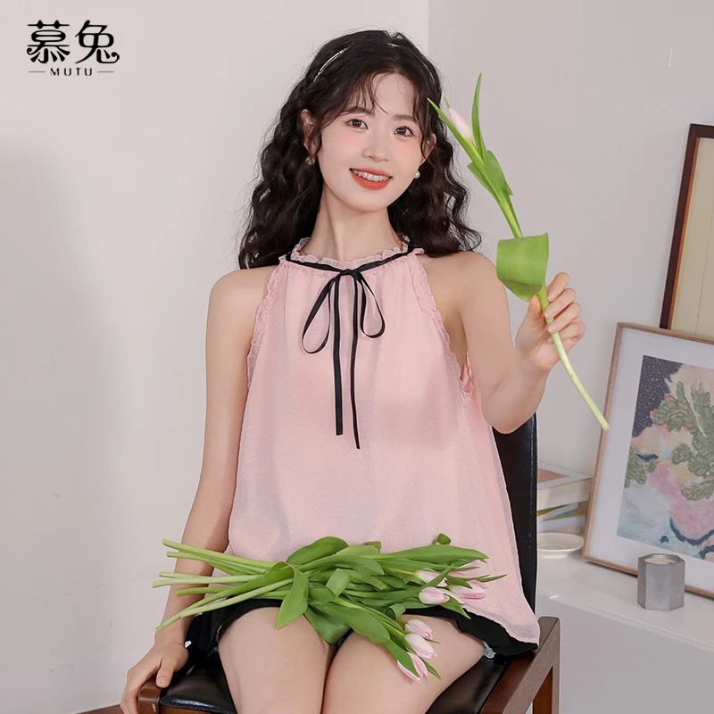 慕兔法式挂脖无袖衬衫女2024夏季新款设计感小众甜美宽松短款上衣