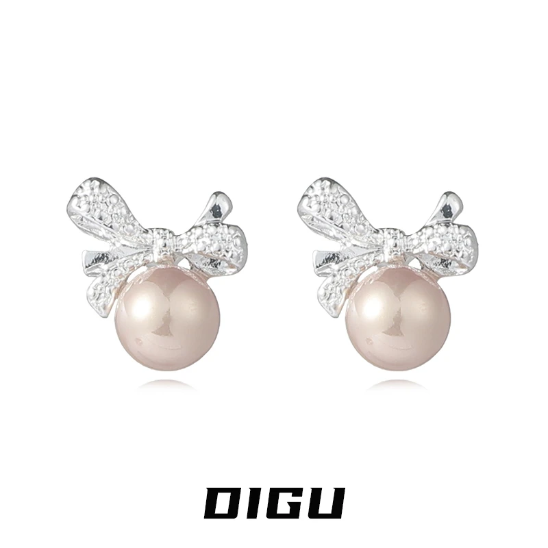 嘀咕家 铜合金仿珍珠耳饰 甜美蝴蝶结小珠珠耳钉耳环百搭耳饰