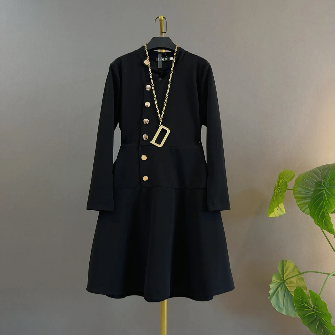 胖mm新款时尚成熟风圆领纽扣中长款豹纹显瘦长袖大码连衣裙