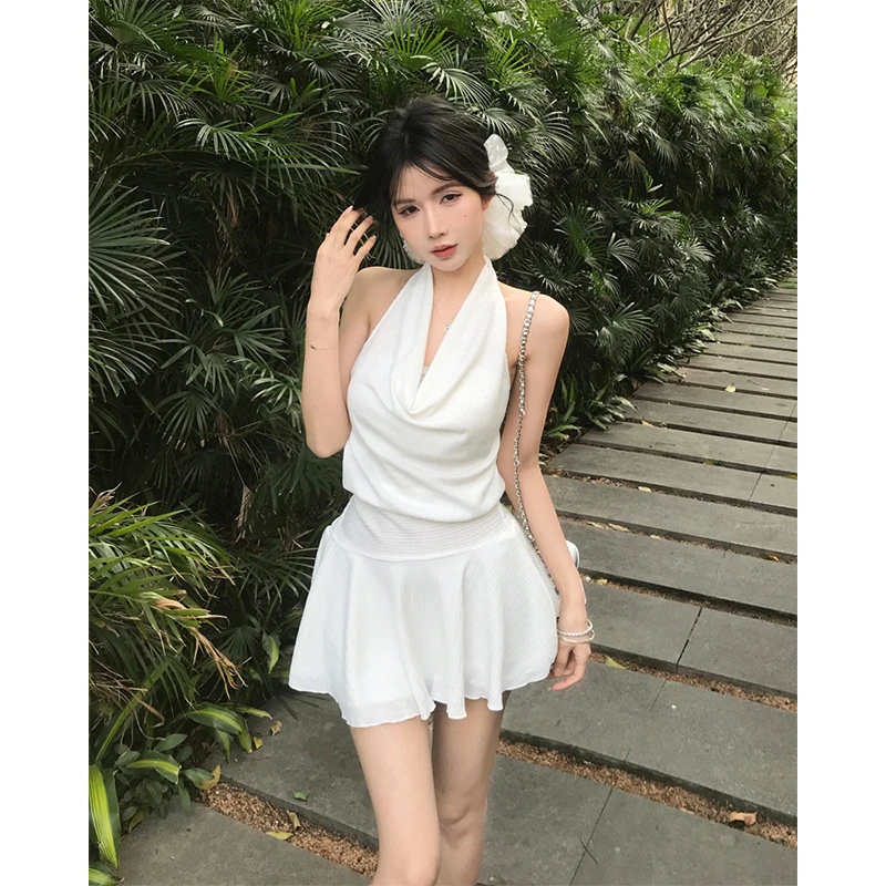 2025年夏季新品高级感法式辣妹拼接蕾丝荡领挂脖假两件连衣裙女